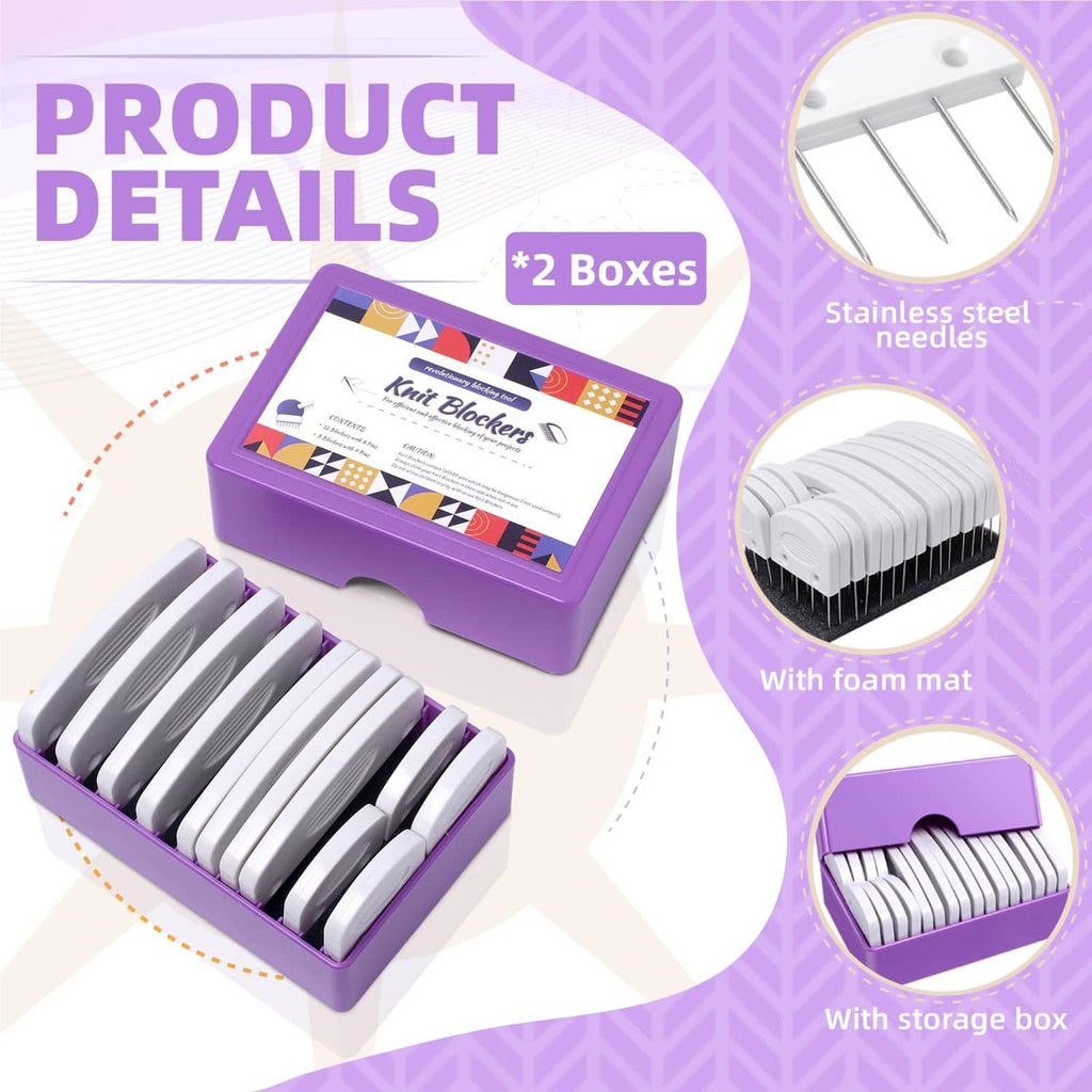 Knit blocking pins set with white stainless-needle blockers and foam mat