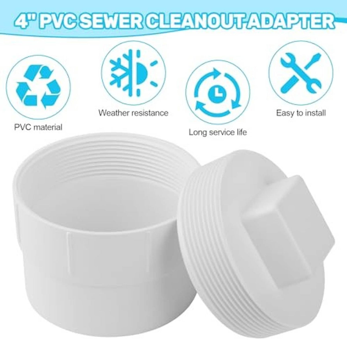4-inch PVC sewer cleanout adapter with flush plug cap and threaded coupling