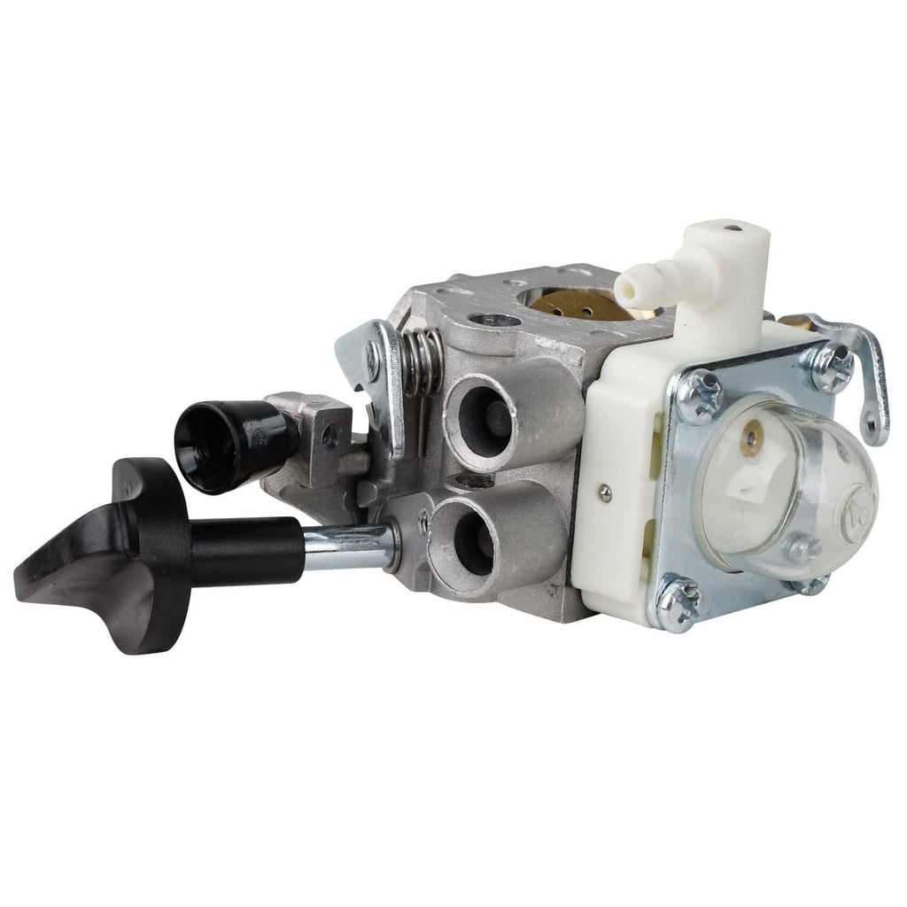 Carburetor with white primer bulb, throttle lever, and transparent diaphragm cover