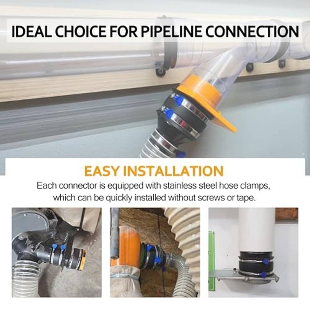 Dust collection connector with stainless steel hose clamps attaching to a clear duct