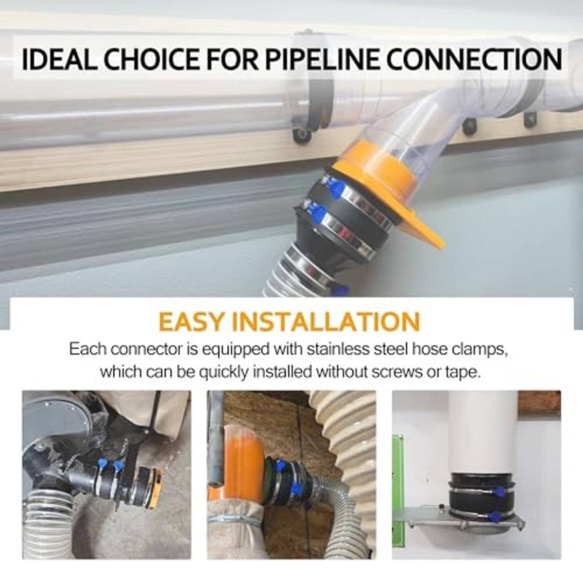 Dust collection connector with stainless steel hose clamps attaching to a clear duct