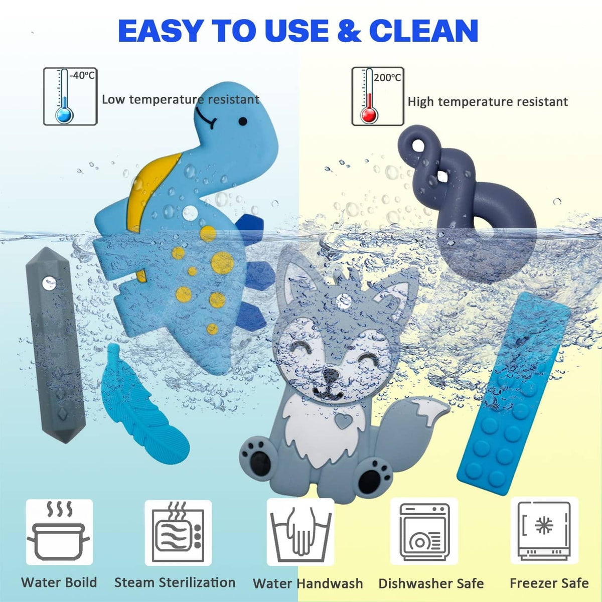 Set of silicone chew necklaces with blue dinosaur, grey wolf, and dark textured pendants on cords