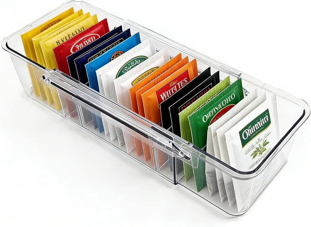 Clear acrylic expandable tea bag holder with metal frame, holding assorted tea packets