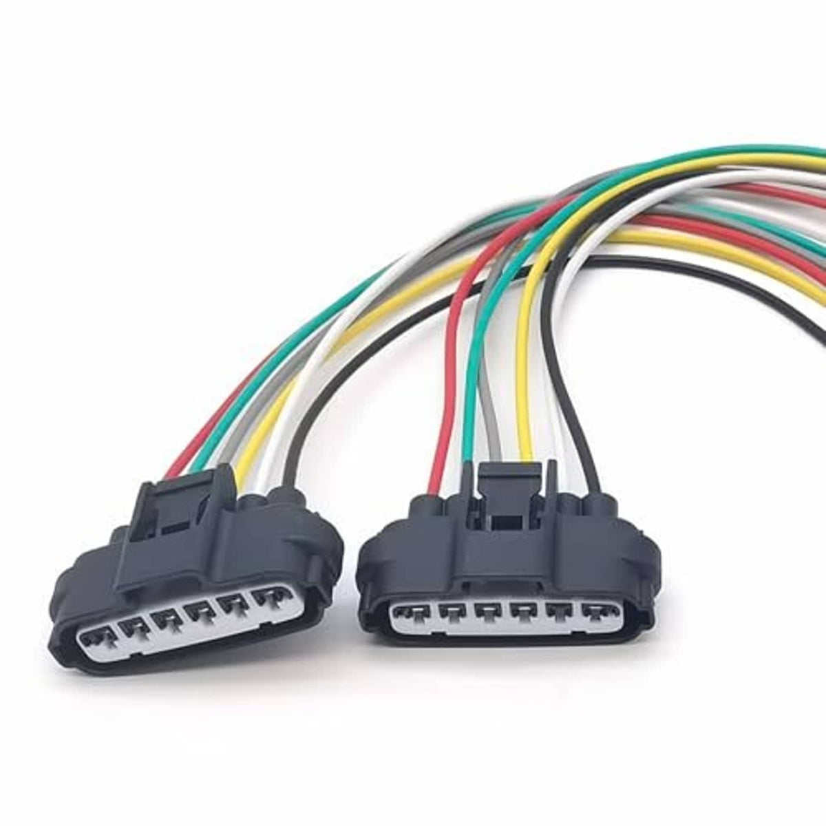 Two black 6-pin sensor connector plugs with multicolor wiring harness