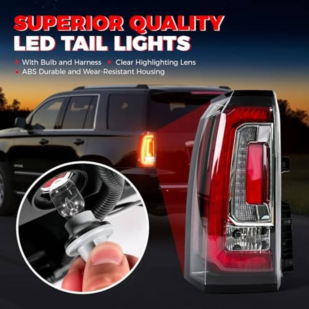 Left tail light assembly with red lens and chrome frame, shown with LED bulb contact.