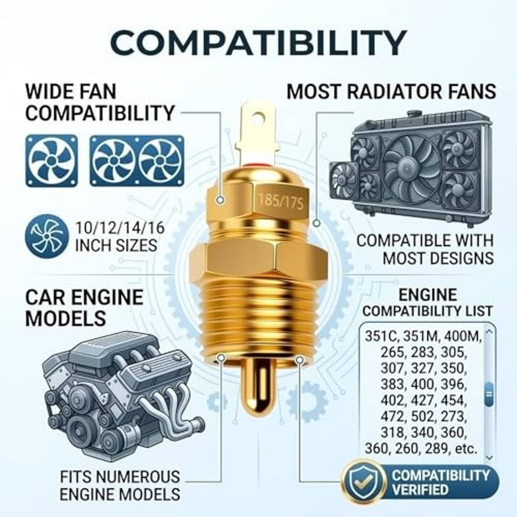 Gold radiator fan switch thermostat, threaded body with two-prong mounting terminal