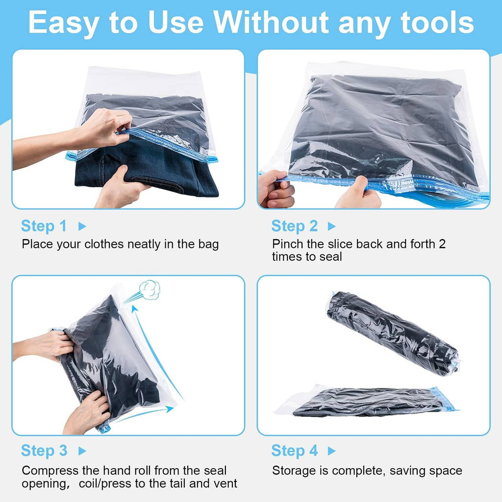 Gray compression bags showing how to place clothes and seal with the blue zipper