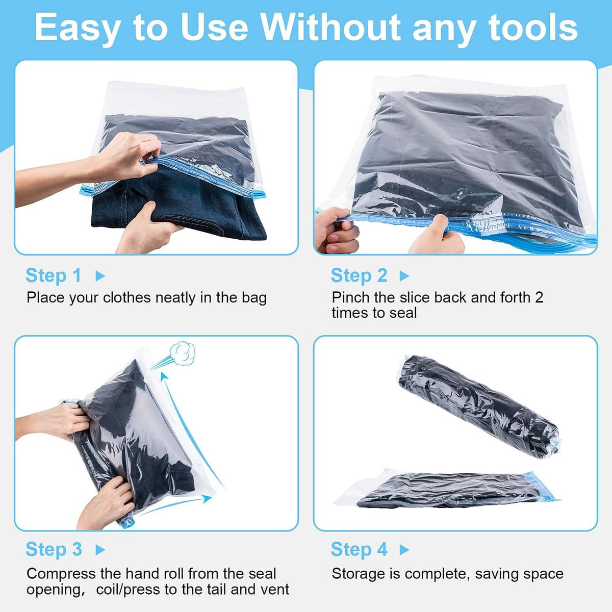 Gray compression bags showing how to place clothes and seal with the blue zipper