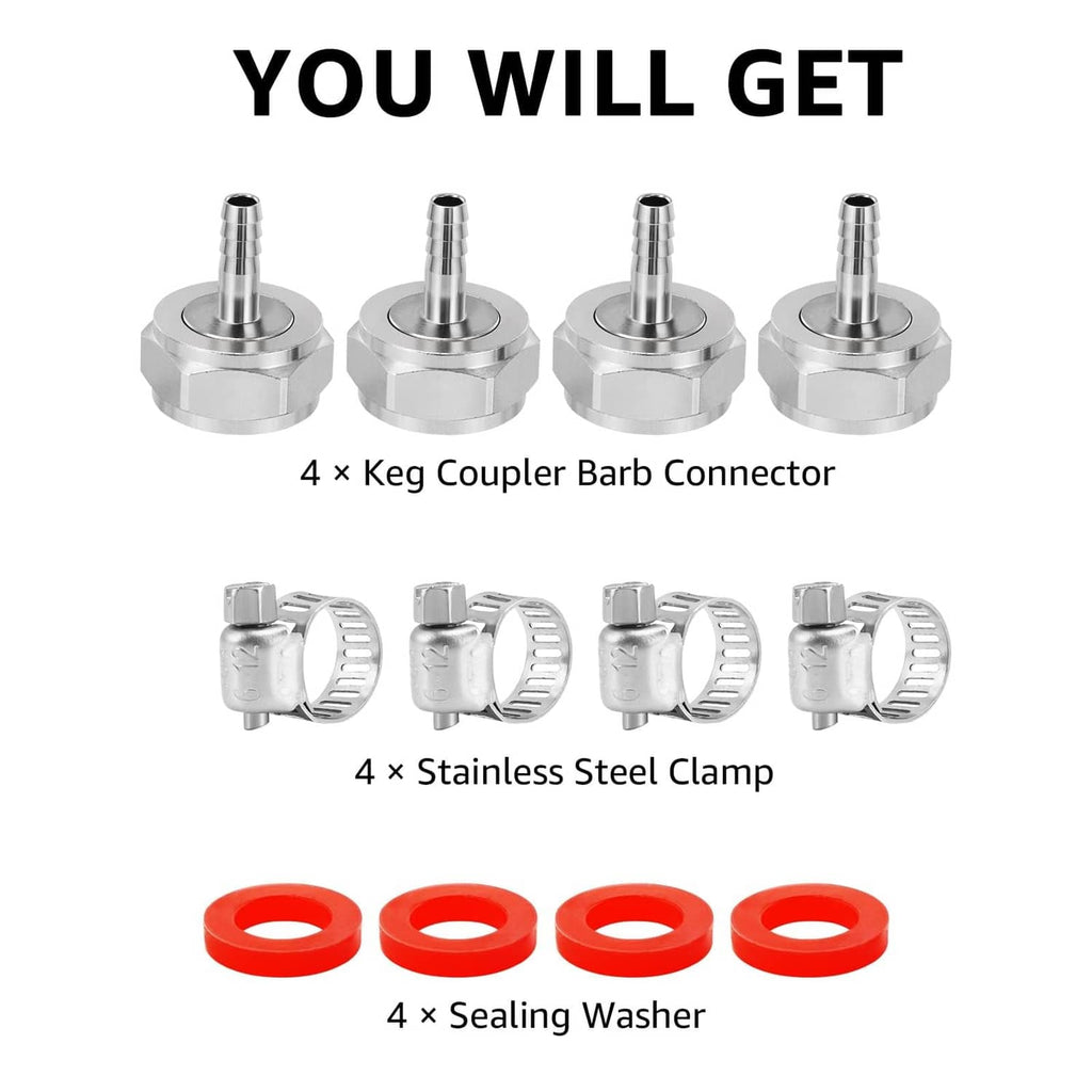 Keg coupler barb connectors with stainless clamps and orange sealing washers (4 pcs)