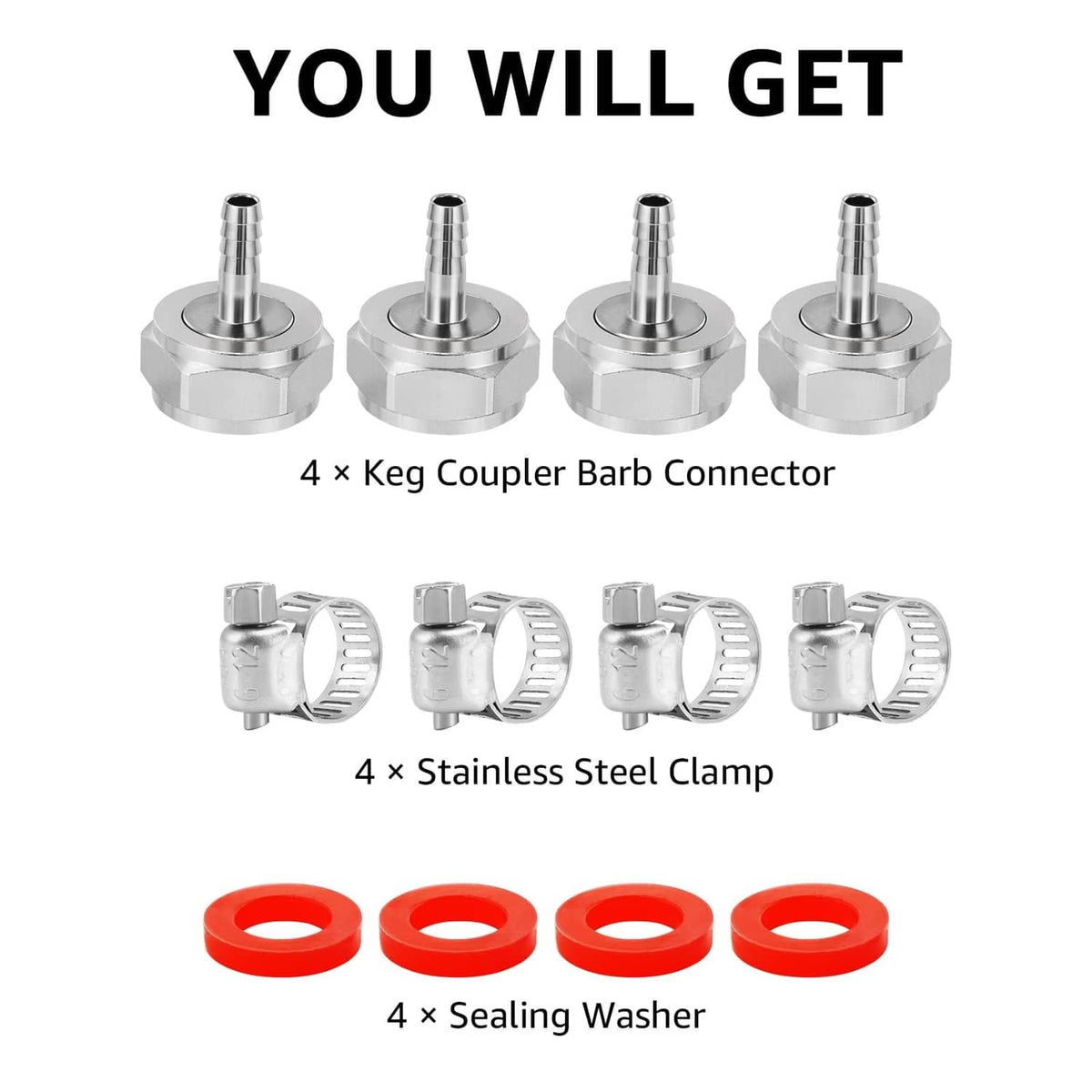 Keg coupler barb connectors with stainless clamps and orange sealing washers (4 pcs)