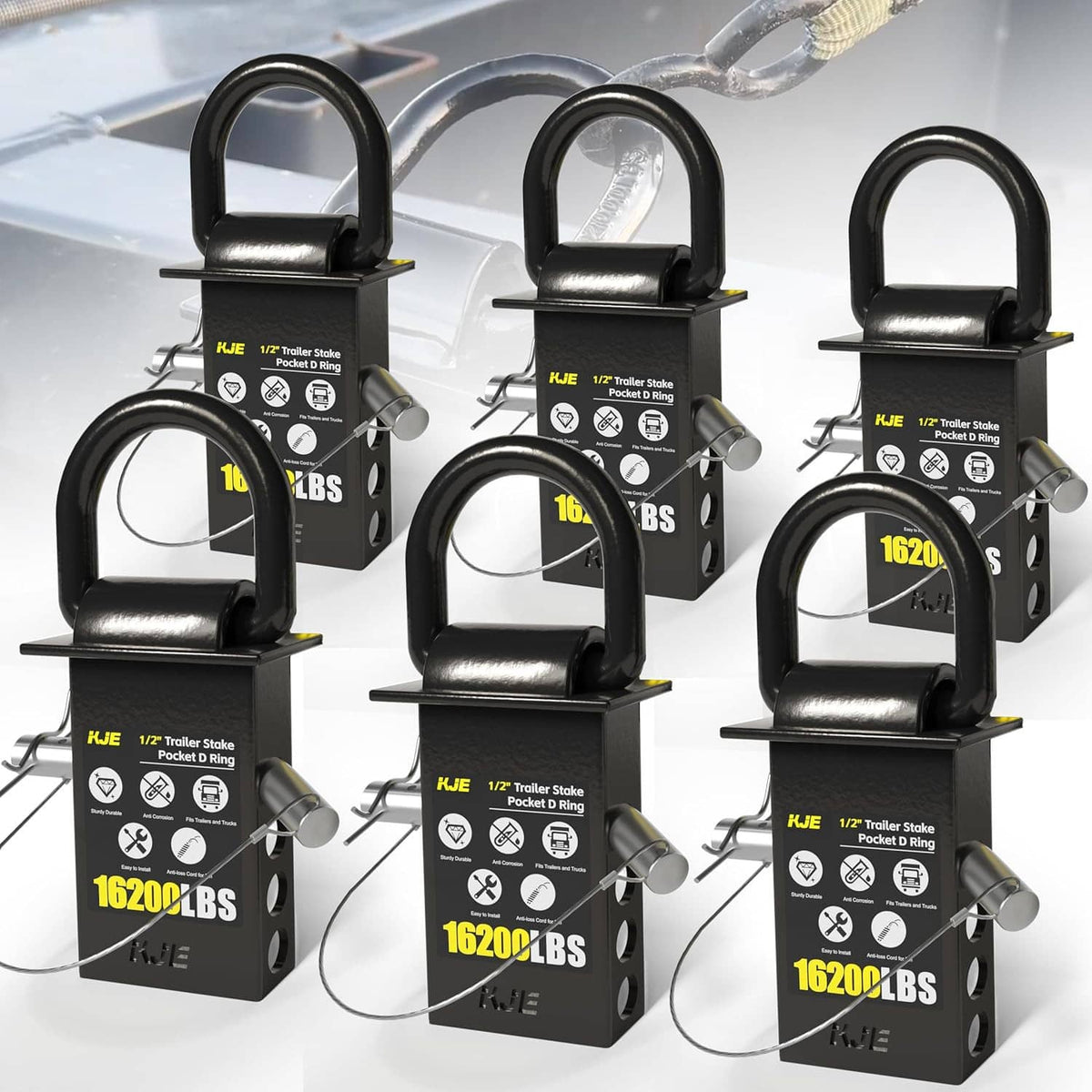 Black 1/2 in heavy-duty D-ring stake pocket trailer anchors, metal stakes attached