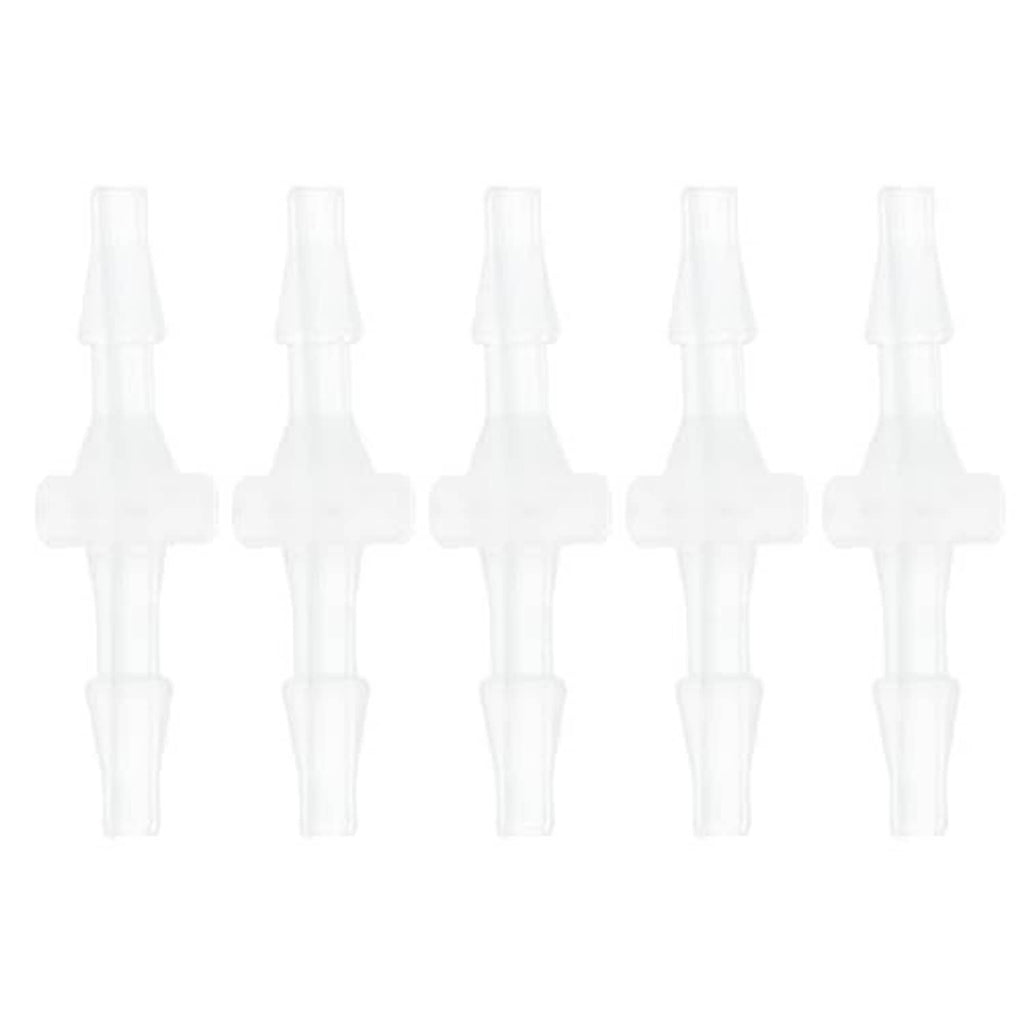 Five clear plastic straight hose barb connectors