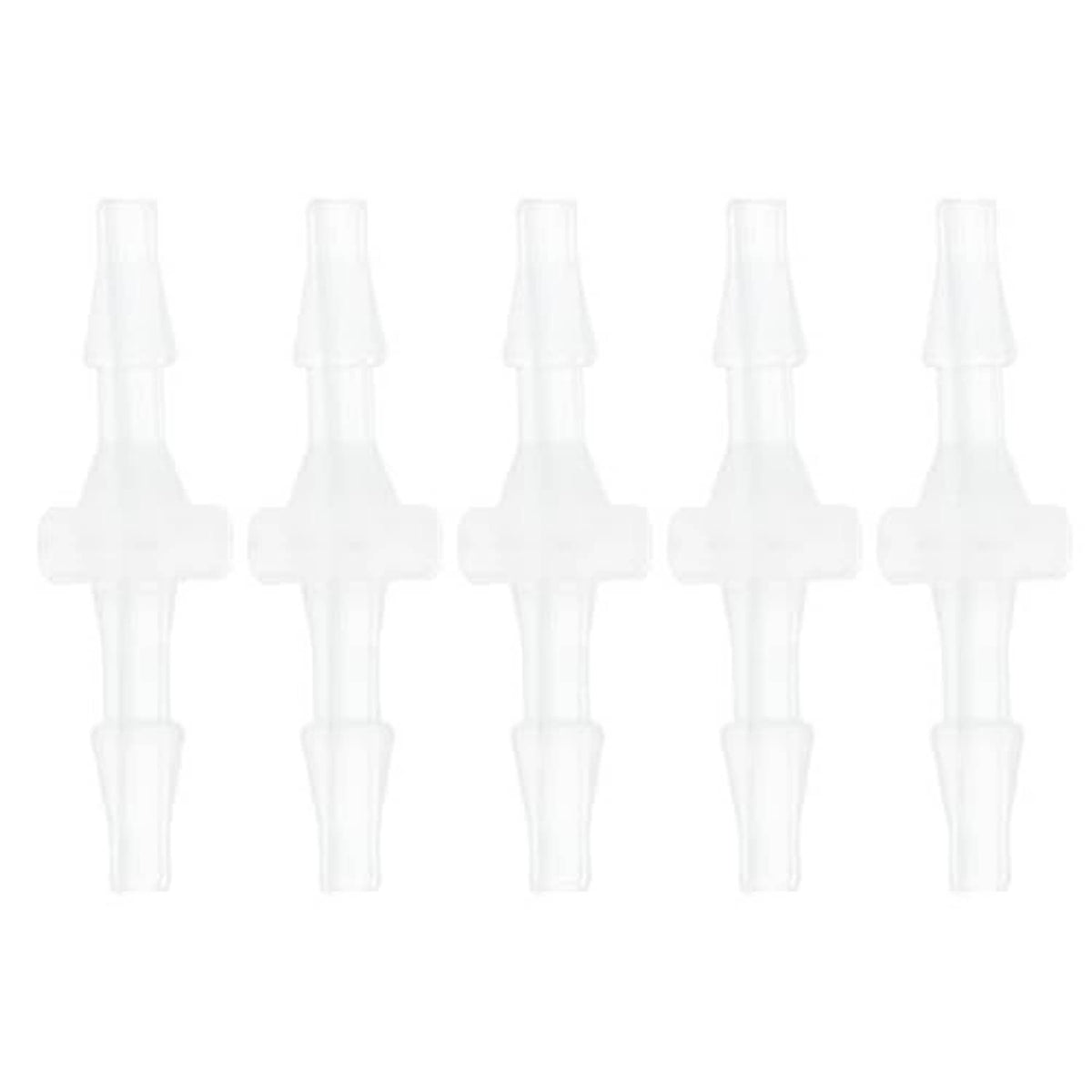 Five clear plastic straight hose barb connectors