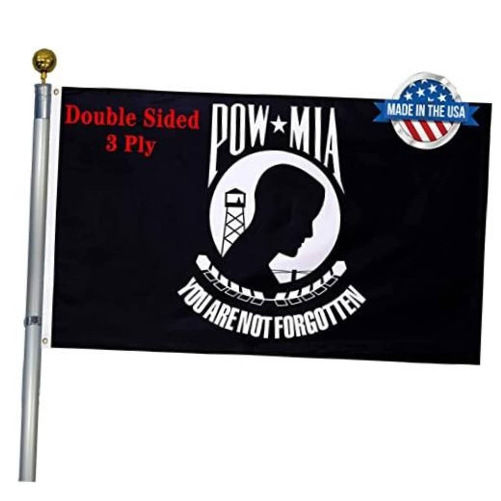 Double-sided POW-MIA memorial flag with POW-MIA logo and text on black fabric