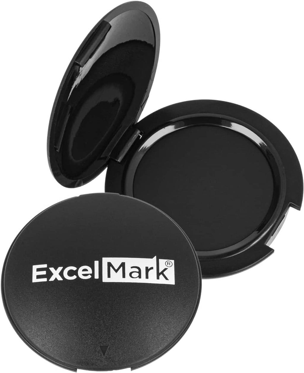 Inkless fingerprint pad opened, round black stamping surface with ExcelsMark logo