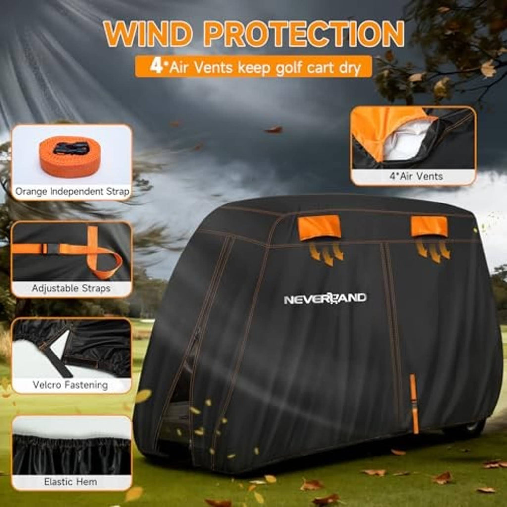 Black golf cart cover with orange straps and top vents, NEVERLAND logo on front panel