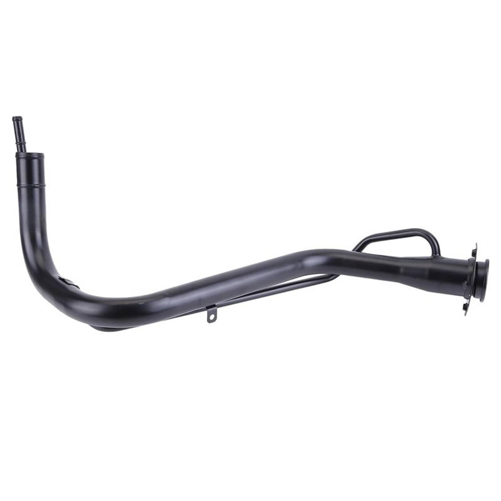 Fuel tank filler neck pipe, black metal with sweeping bend and mounting holes