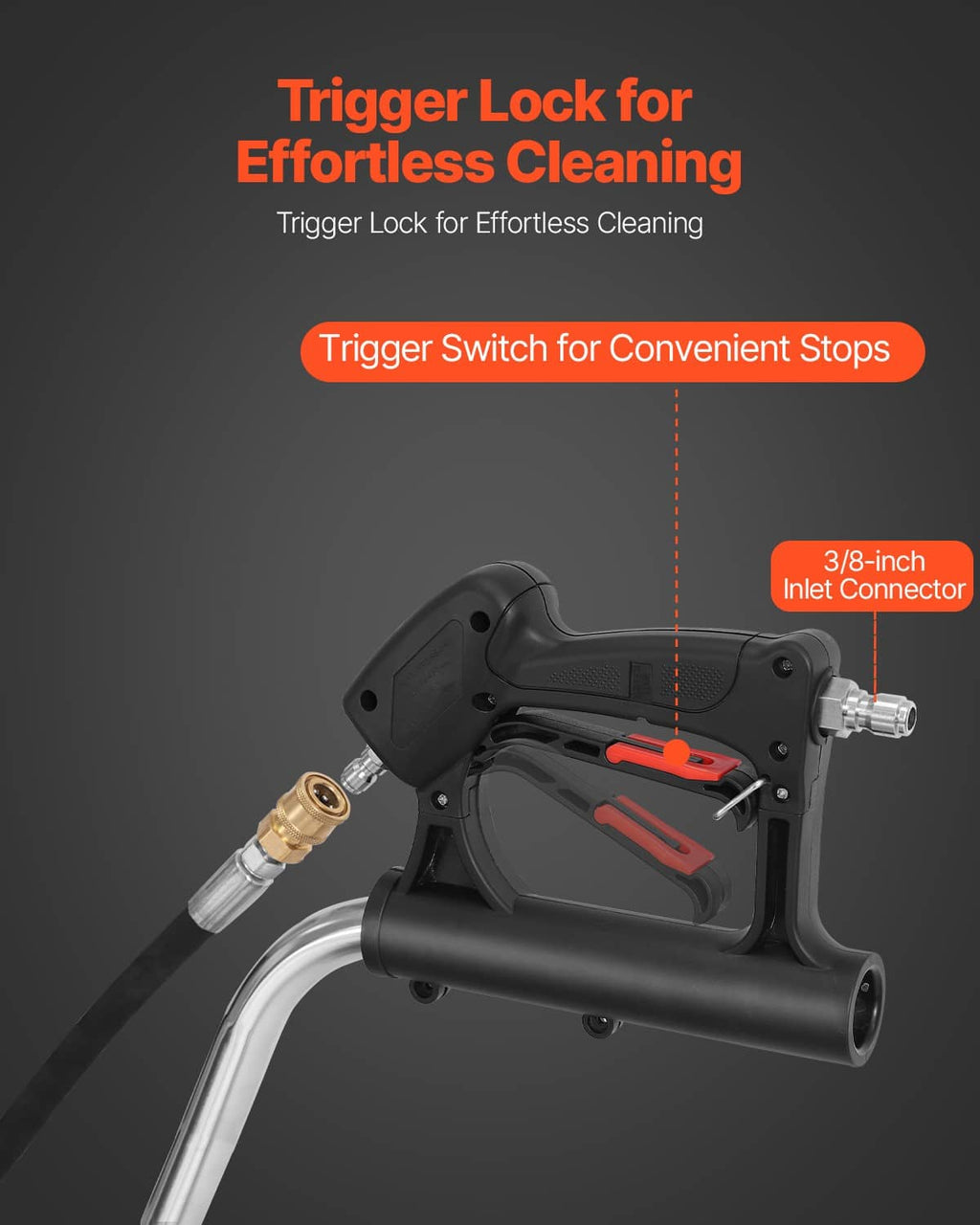 Pressure washer trigger gun with 3/8-inch inlet connector and locking switch