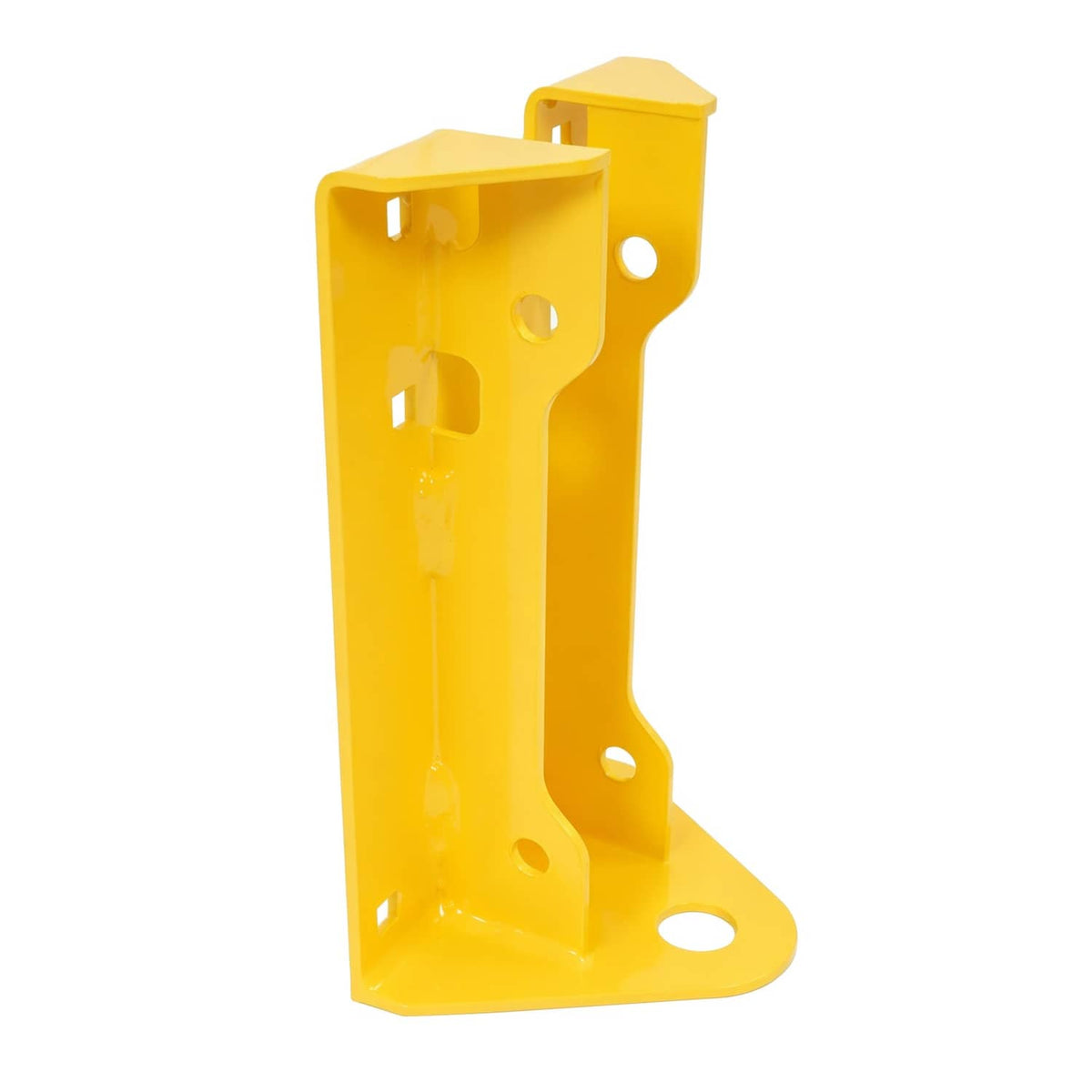 Yellow mower hitch mounting bracket with circular hole and reinforced side panel.