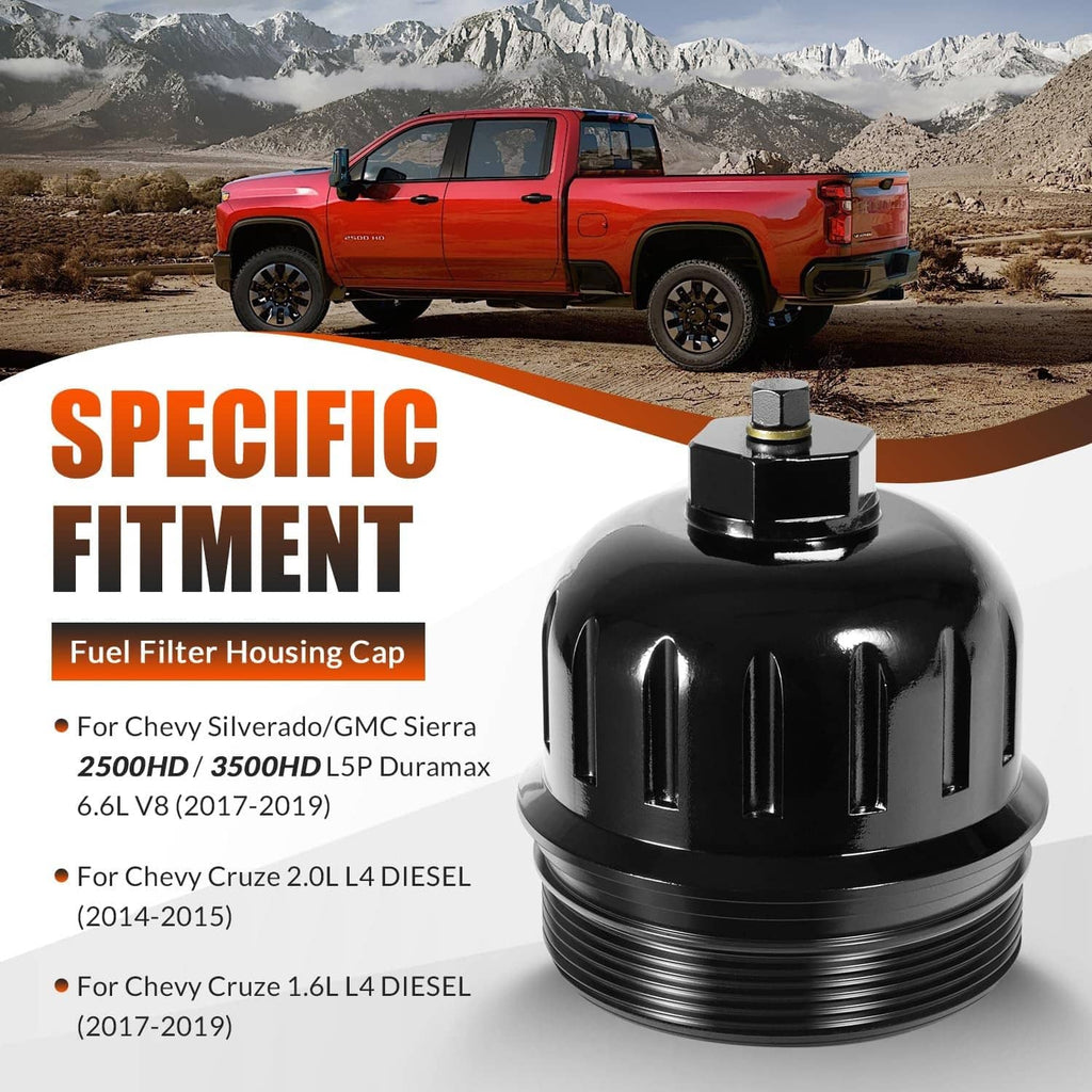 Black fuel filter housing cap with bolt top and threaded rim, product-only view