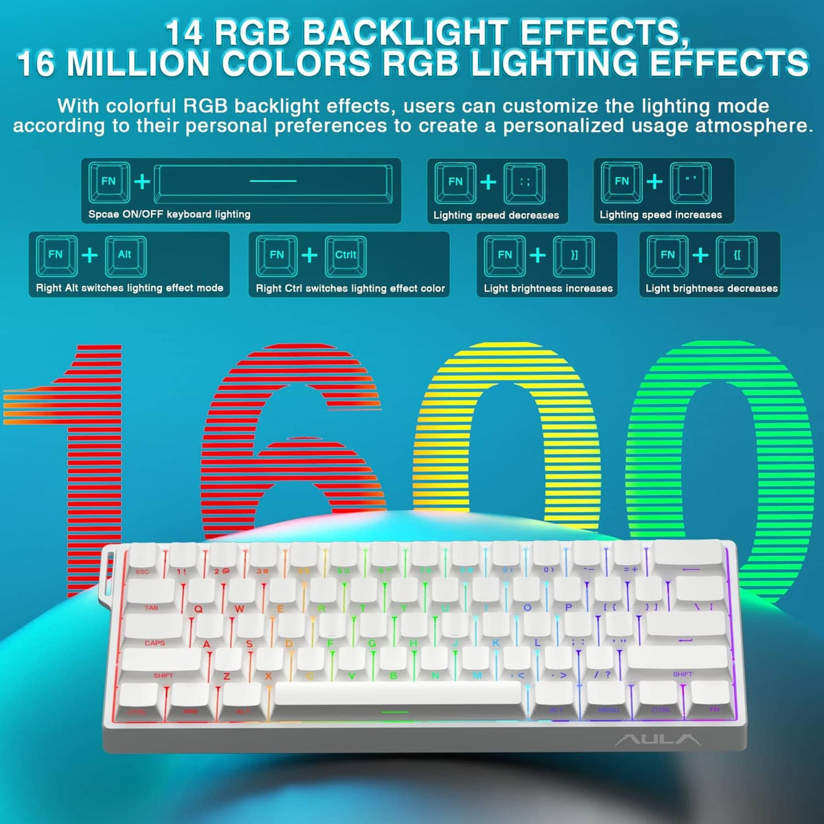 White 60% mechanical gaming keyboard with multi-color RGB backlight effects