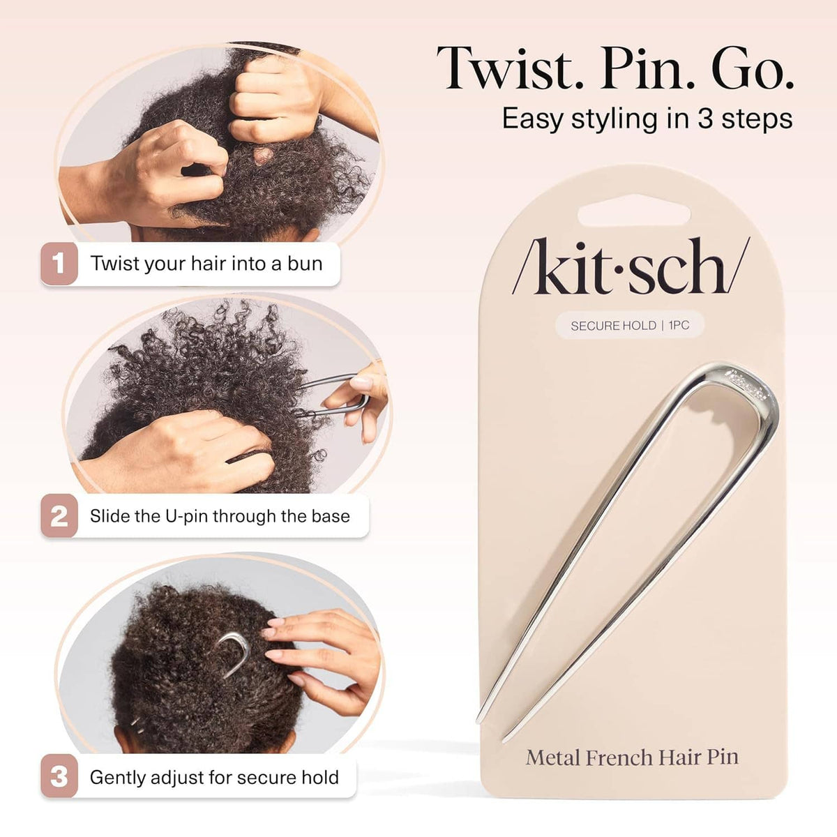 Silver metal French hair pin shown securing a bun updo on curly hair