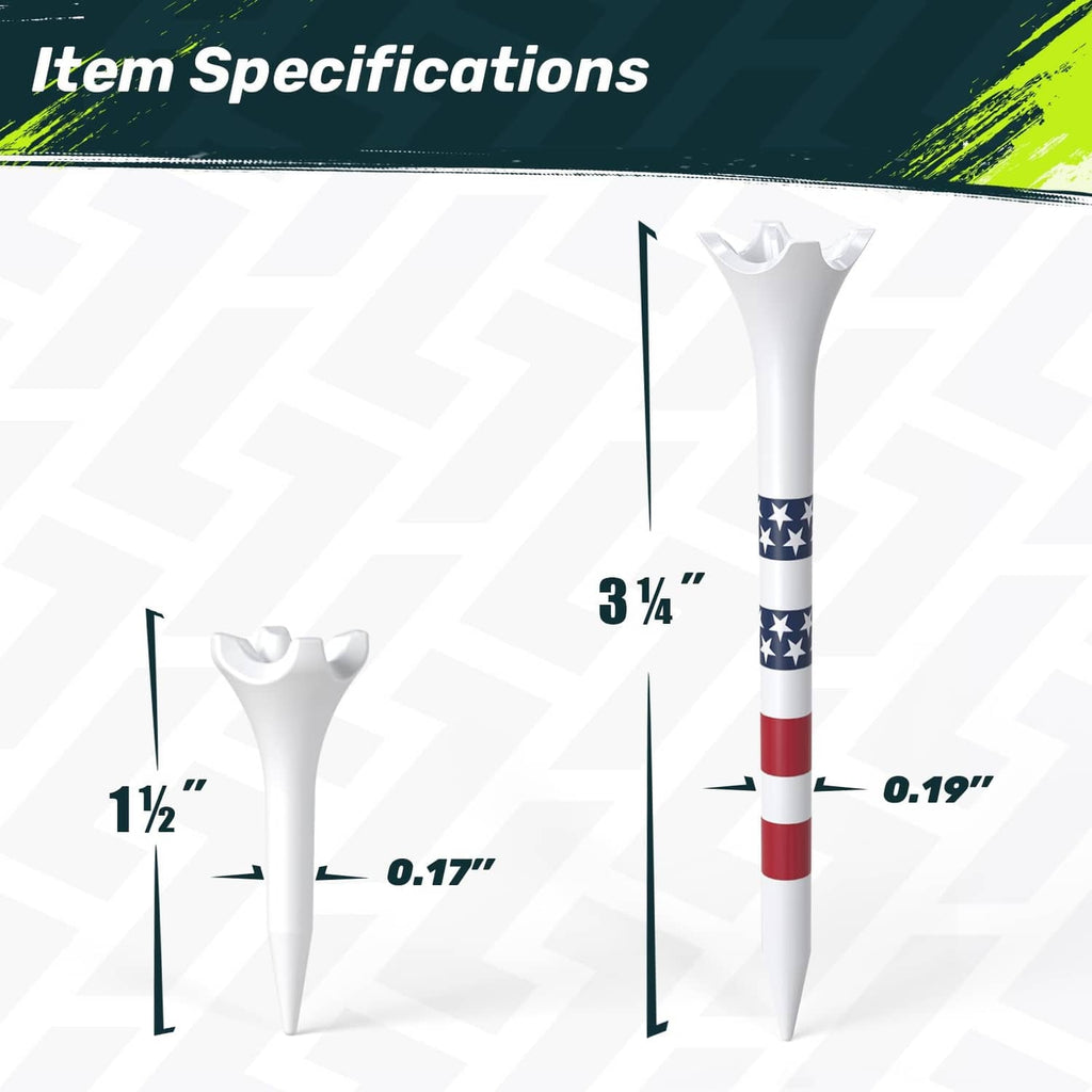 White golf tee with star-and-stripe band, multiple tee lengths shown