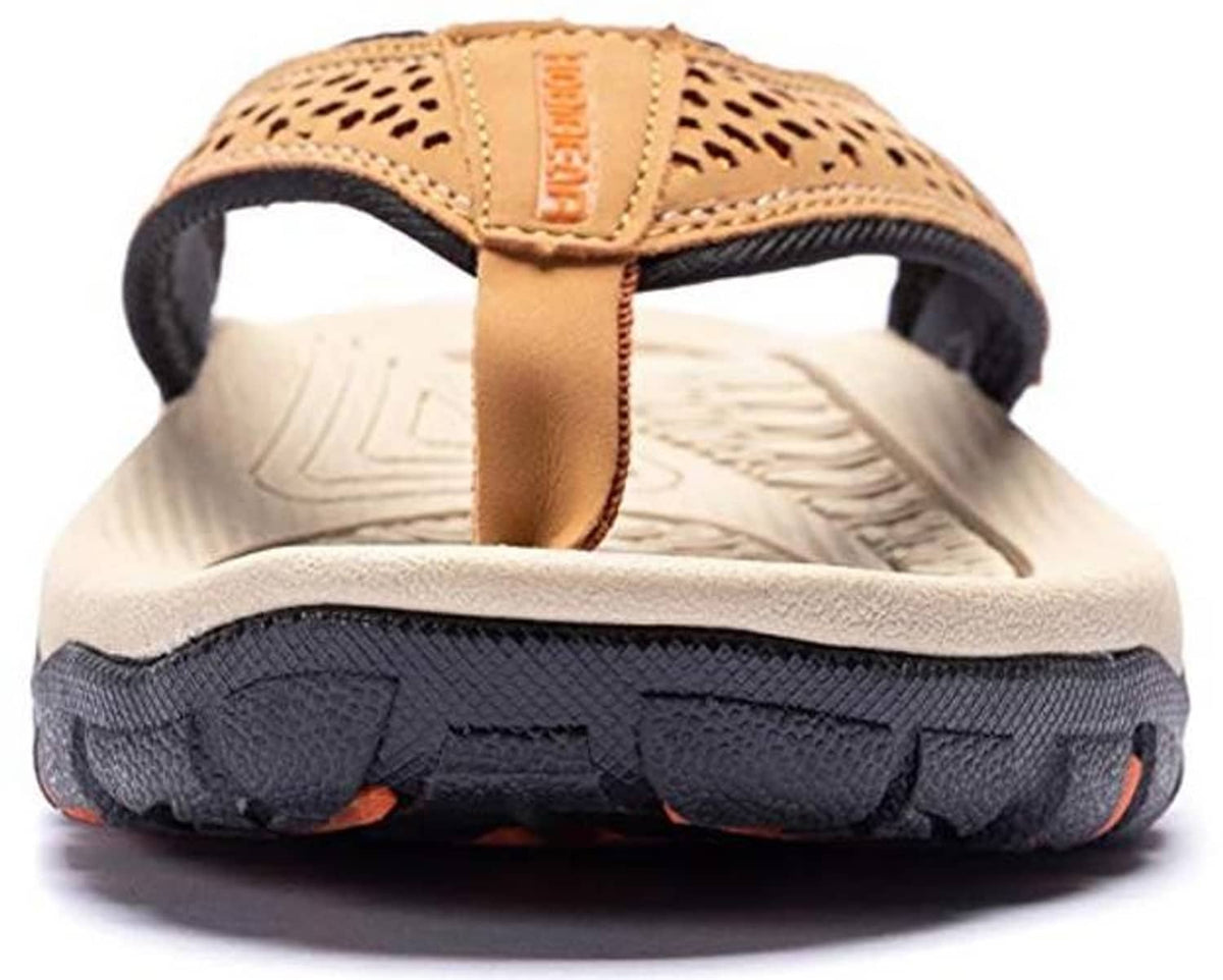 Khaki thong sandal showing tan strap and thick cushioned sole with orange accents