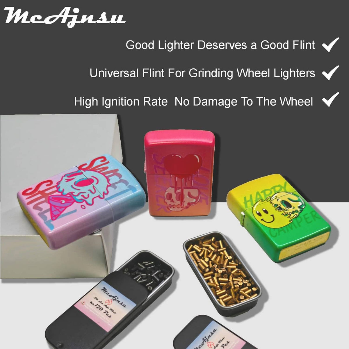 Universal lighter flint refill set with assorted colored cases and mixed flint pieces