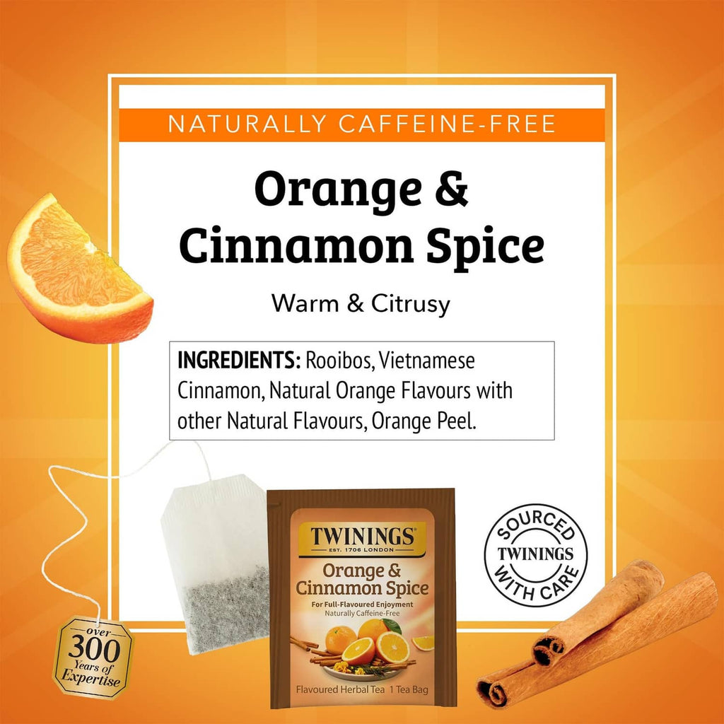 Naturally caffeine-free Orange & Cinnamon Spice herbal tea box with tea bags and cinnamon sticks