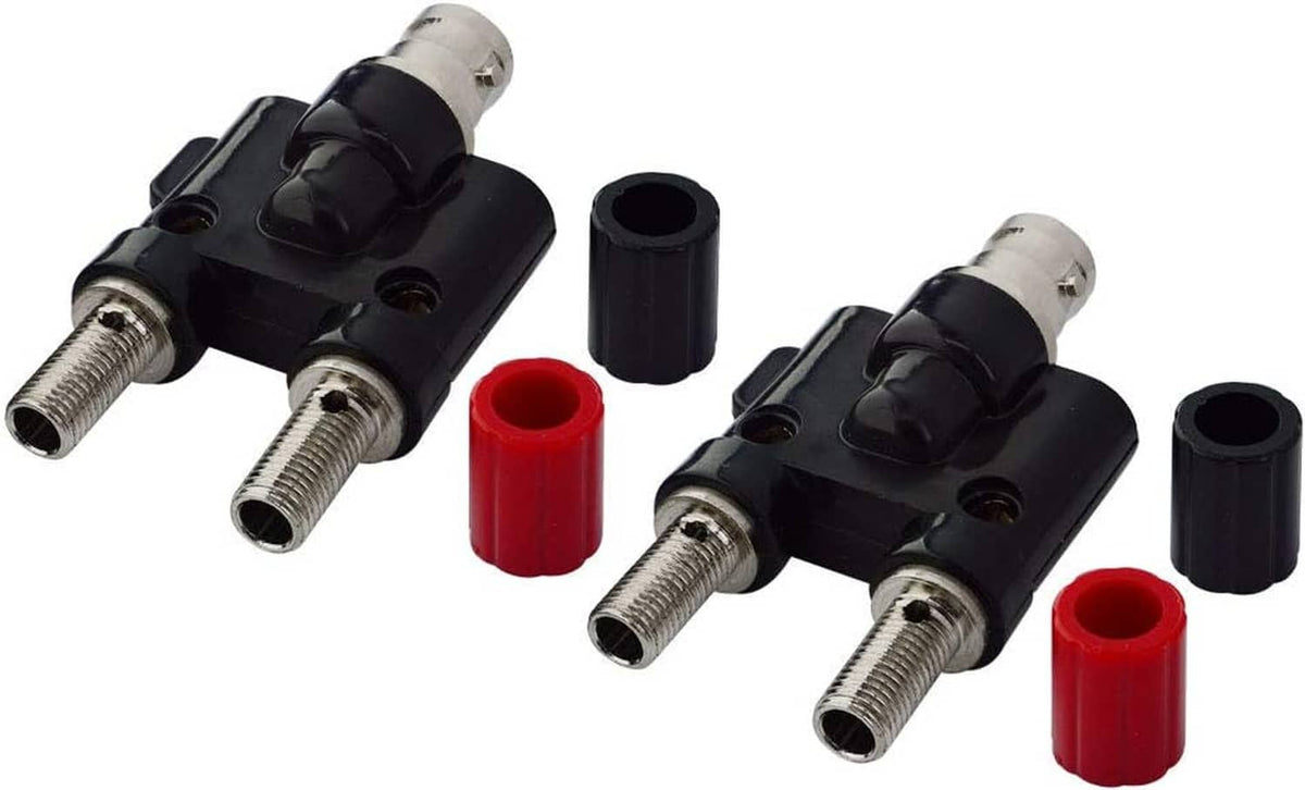Dual BNC female to banana splitter adapter with two threaded coax terminals and red caps