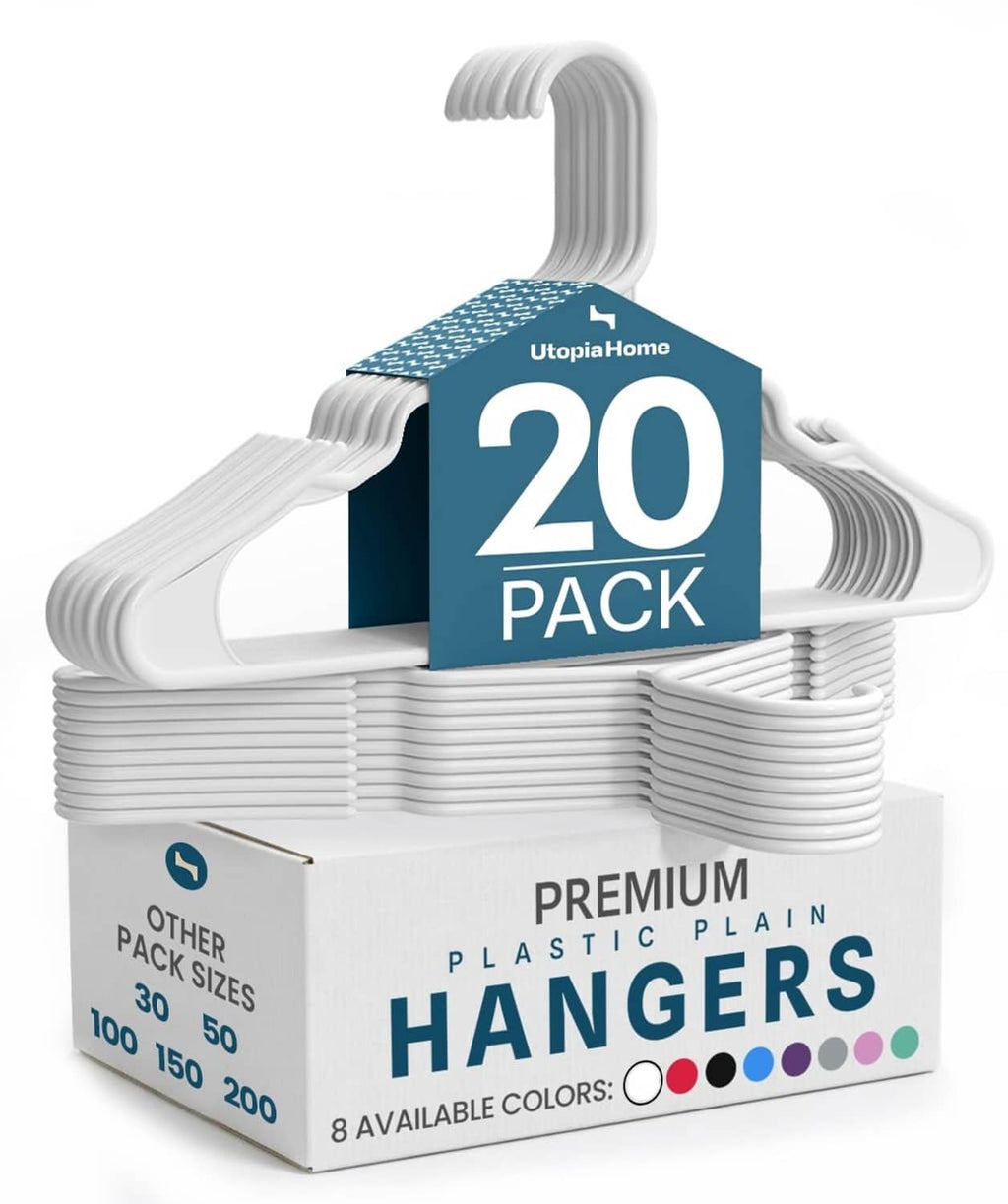 White plastic clothes hangers, 20-pack set in stacked view