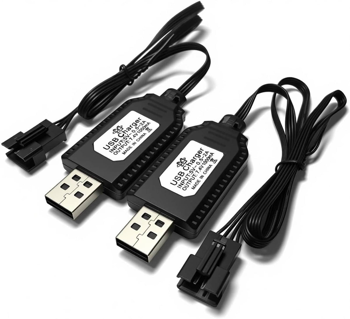 Dual SM-4P 7.4V USB charger set with two USB-A plugs and black battery leads