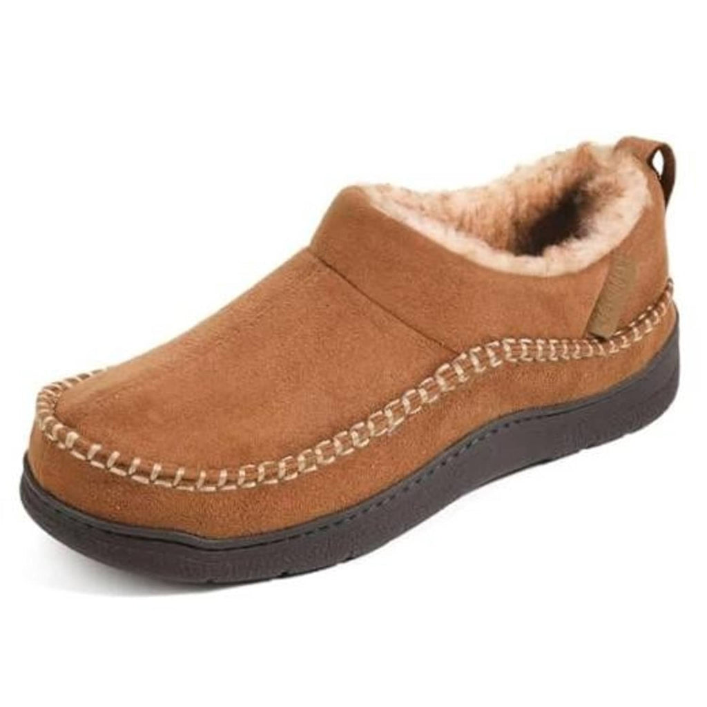 Tan suede moccasin slippers with faux-fur lining and contrast stitched detail, dark sole.