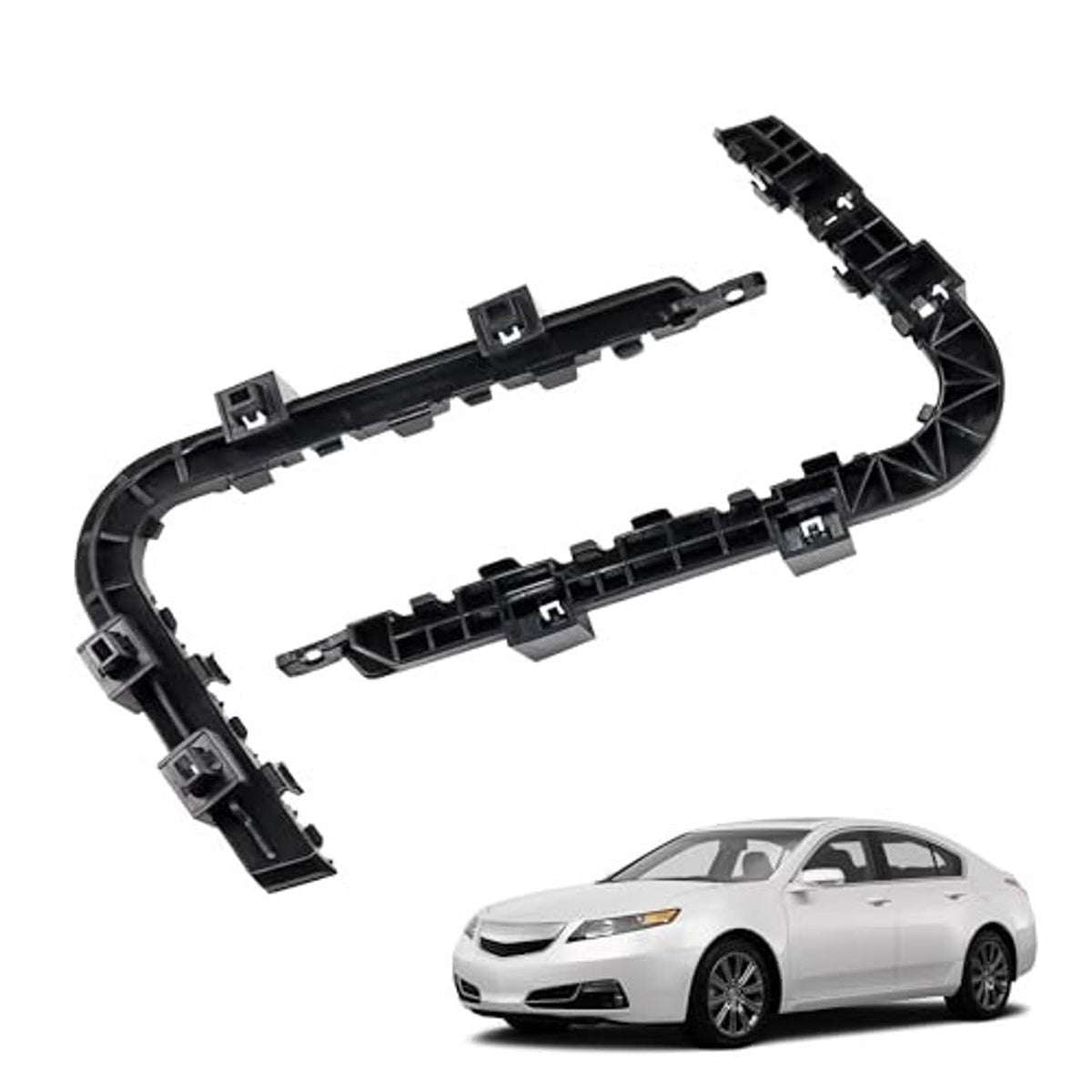 Front bumper retainer brackets set, black molded plastic with mounting tabs