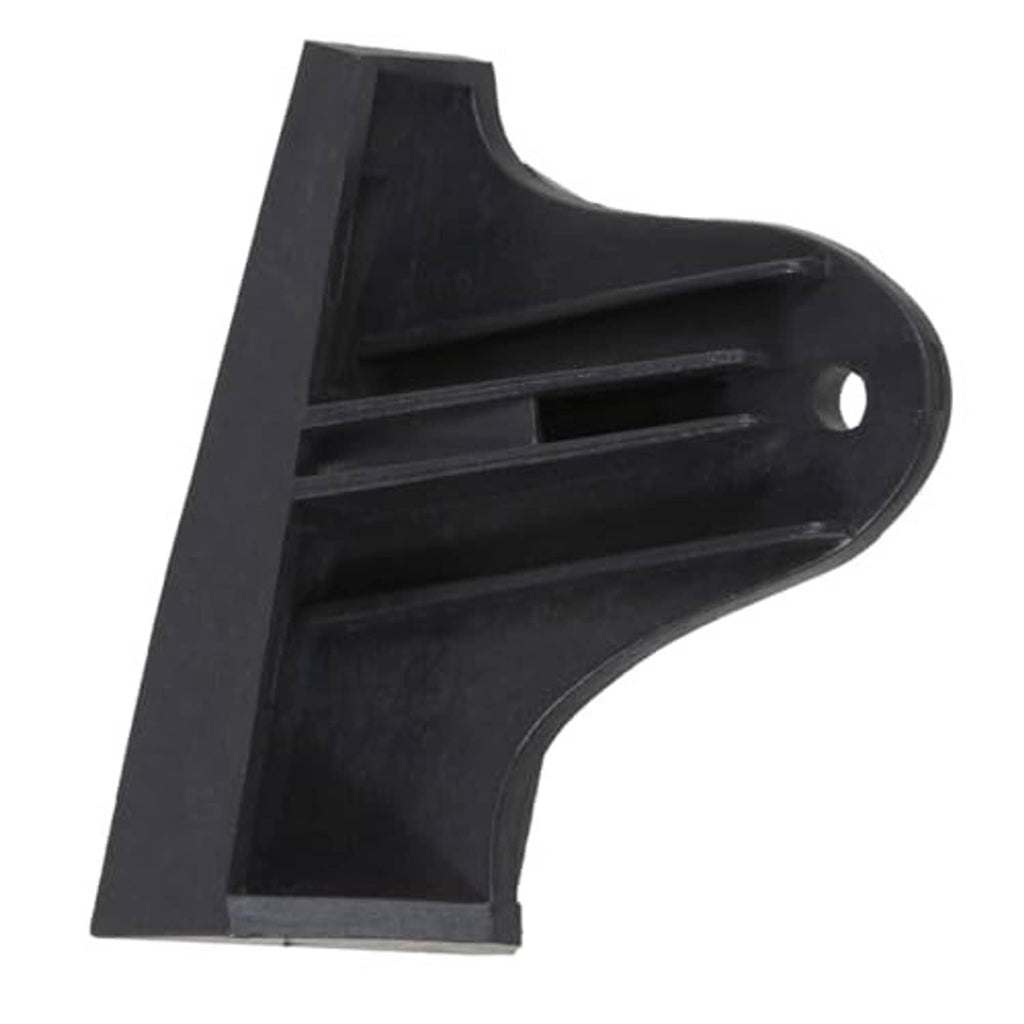 Black plastic driver-side seat trim bracket, angled view with pin hole