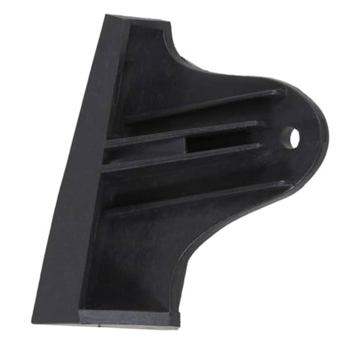 Black plastic driver-side seat trim bracket, angled view with pin hole