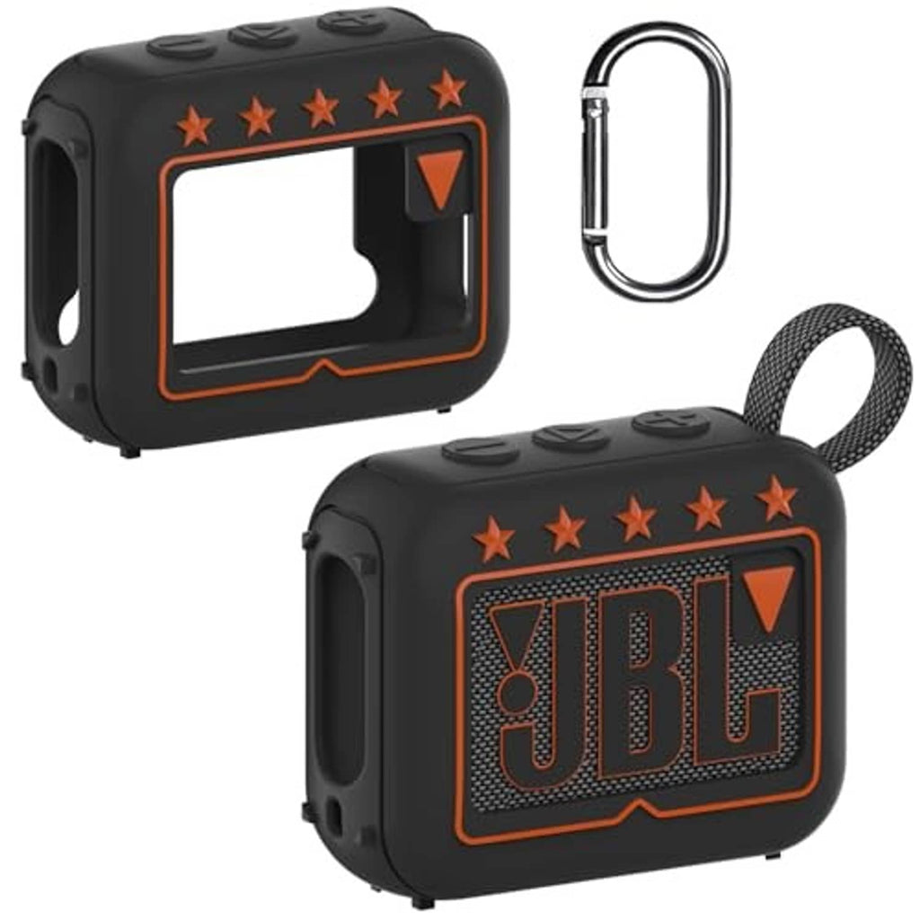 Black silicone speaker cover case with orange border, JBL logo cutout, carabiner.