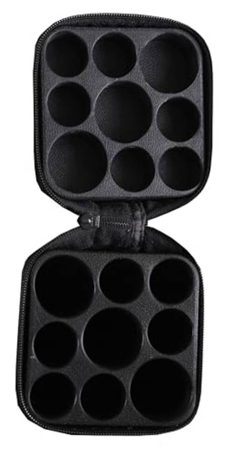 Black zippered cue tip holder with multiple circular tip compartments