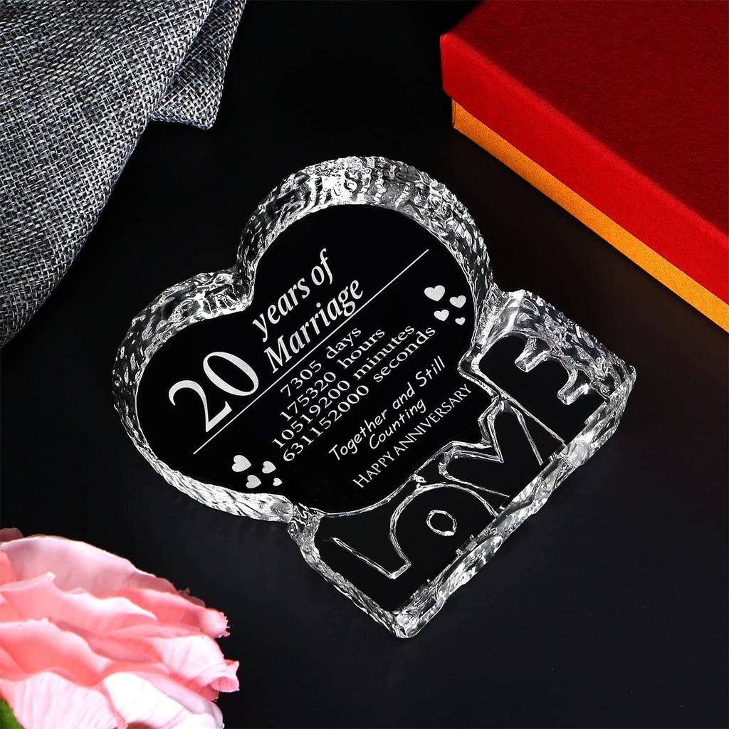 Engraved crystal heart keepsake angled view with 20 years of Marriage and heart accents