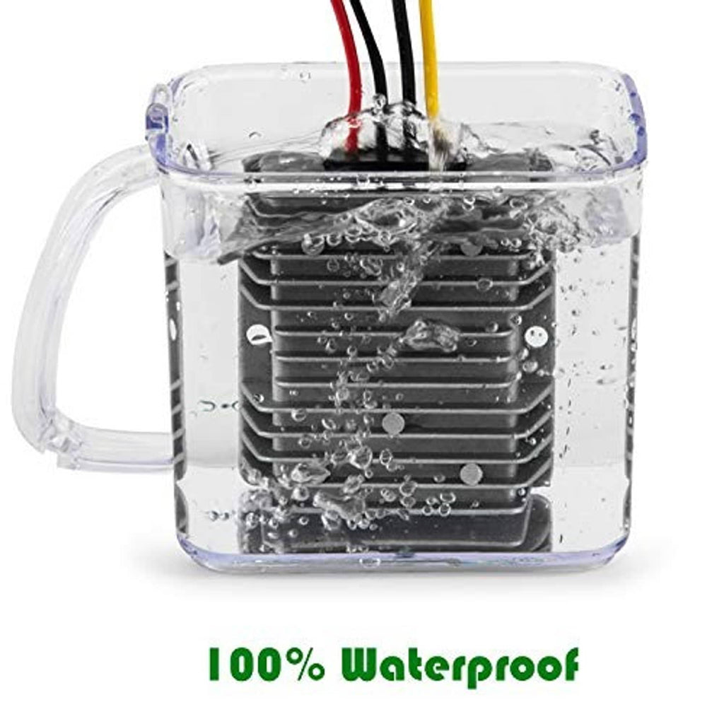 Waterproof DC voltage converter module with sealed clear cover and color wire connections