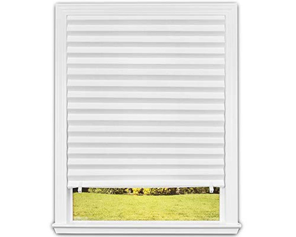 White pleated paper window shade with corded lift and valance trim