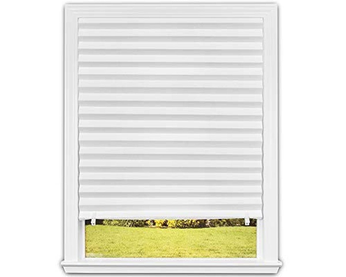 White pleated paper window shade with corded lift and valance trim