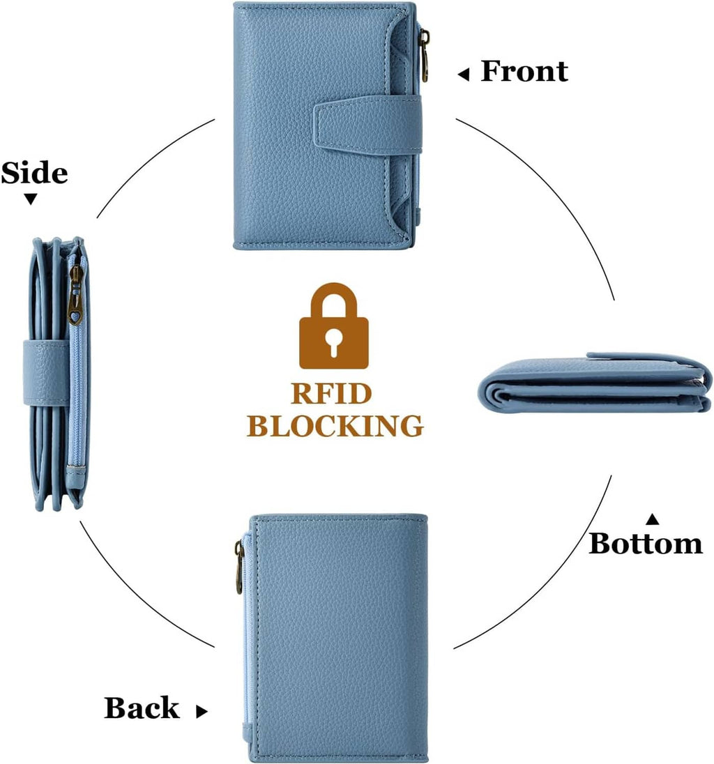Sky blue compact bifold wallet with front tab, side zipper, and slim fold