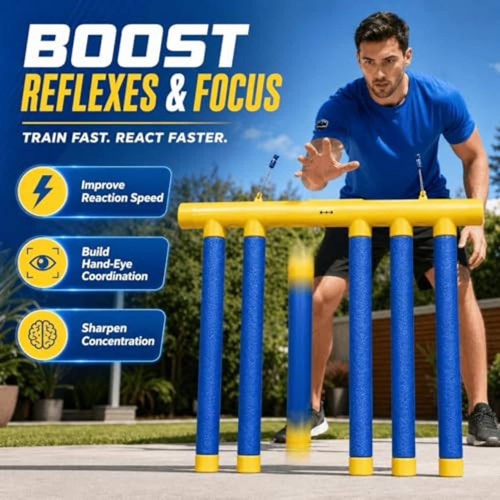 Yellow drop sticks reaction trainer with blue foam posts and hanging straps