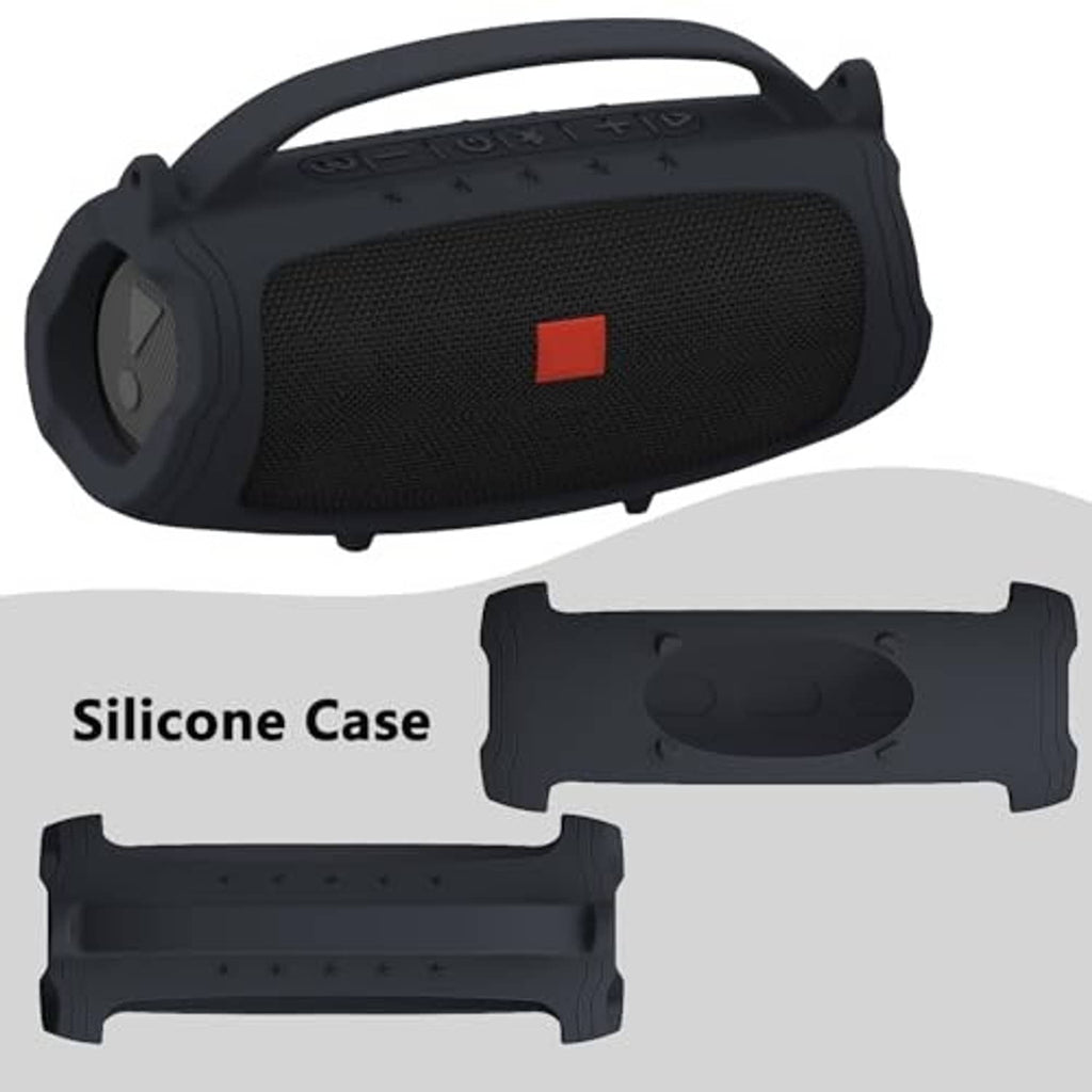 Black silicone cover case for Bluetooth speaker, showing removable shell pieces