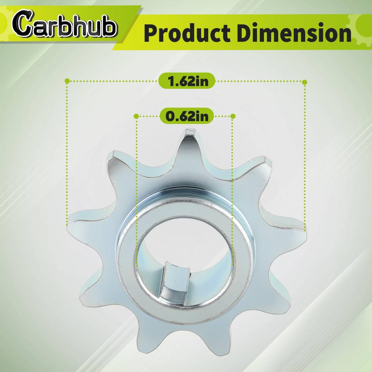 Silver 9-tooth sprocket dimension view, 41/420 chain, 5/8 in bore