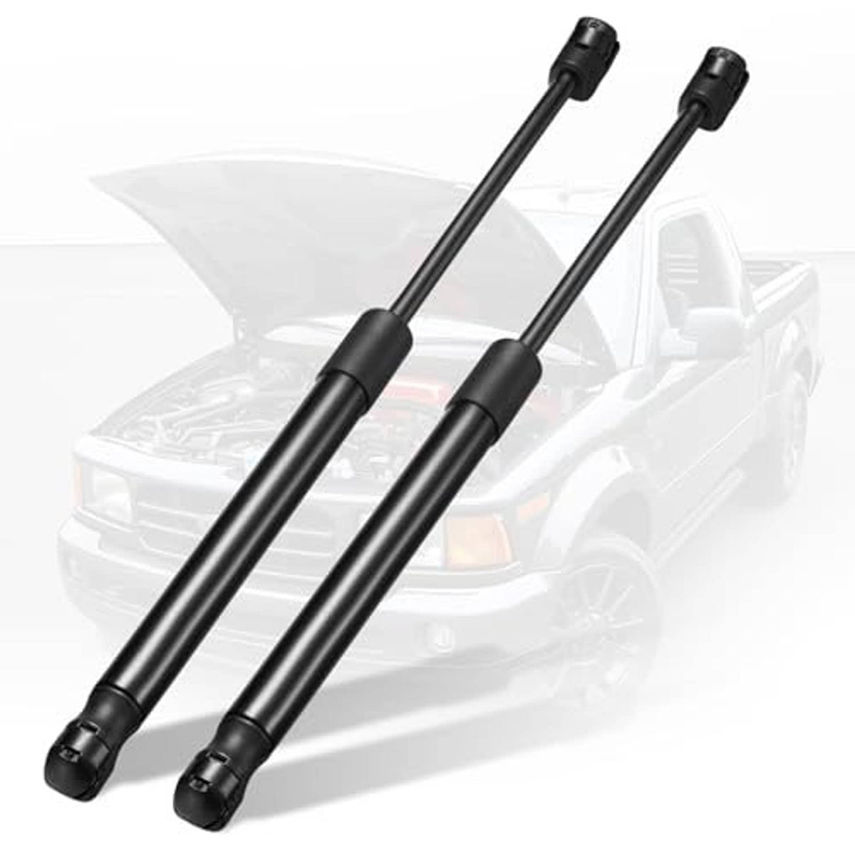 Pair of black hood lift support gas struts with ball socket ends