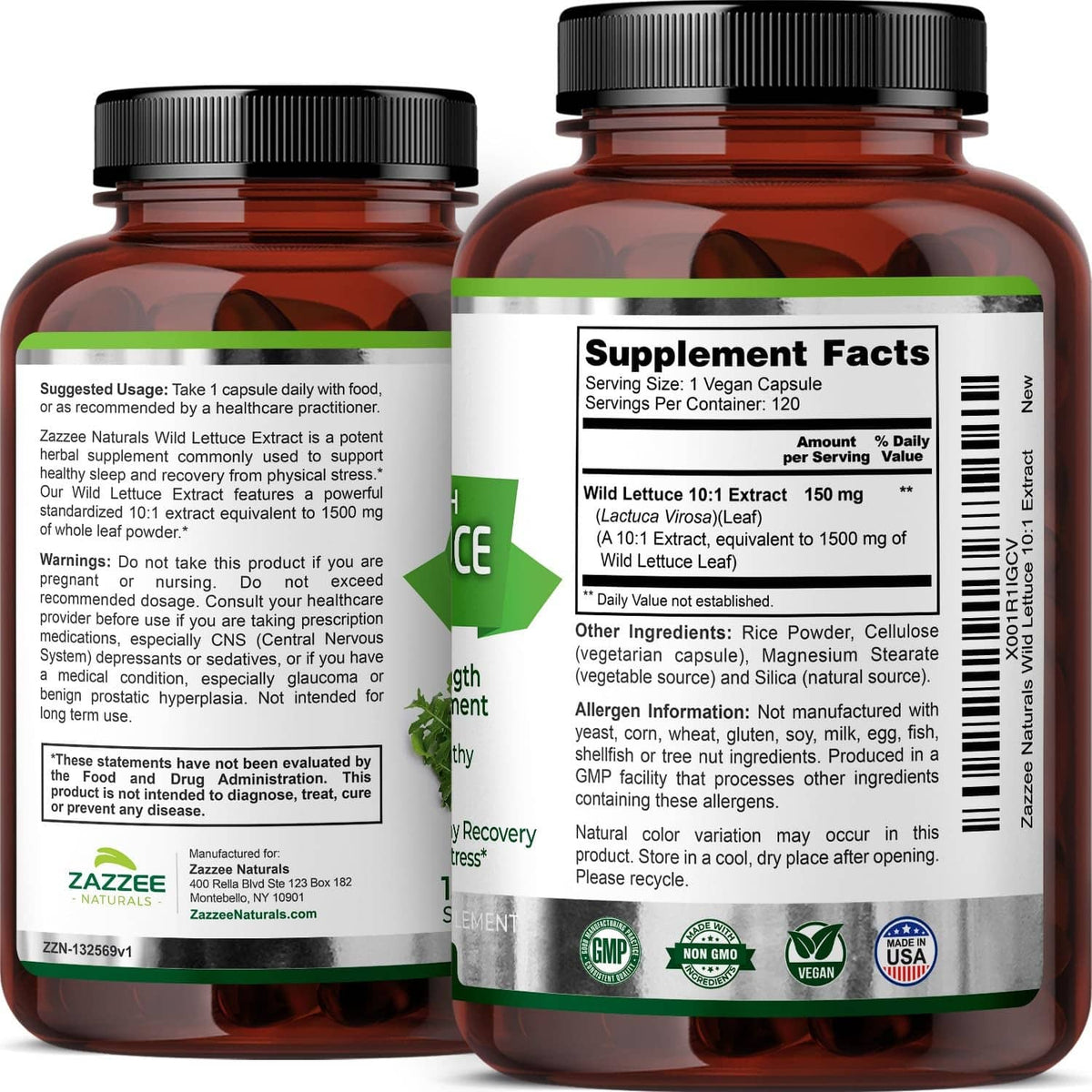 Wild lettuce 10:1 extract supplement bottle front and back with supplement facts