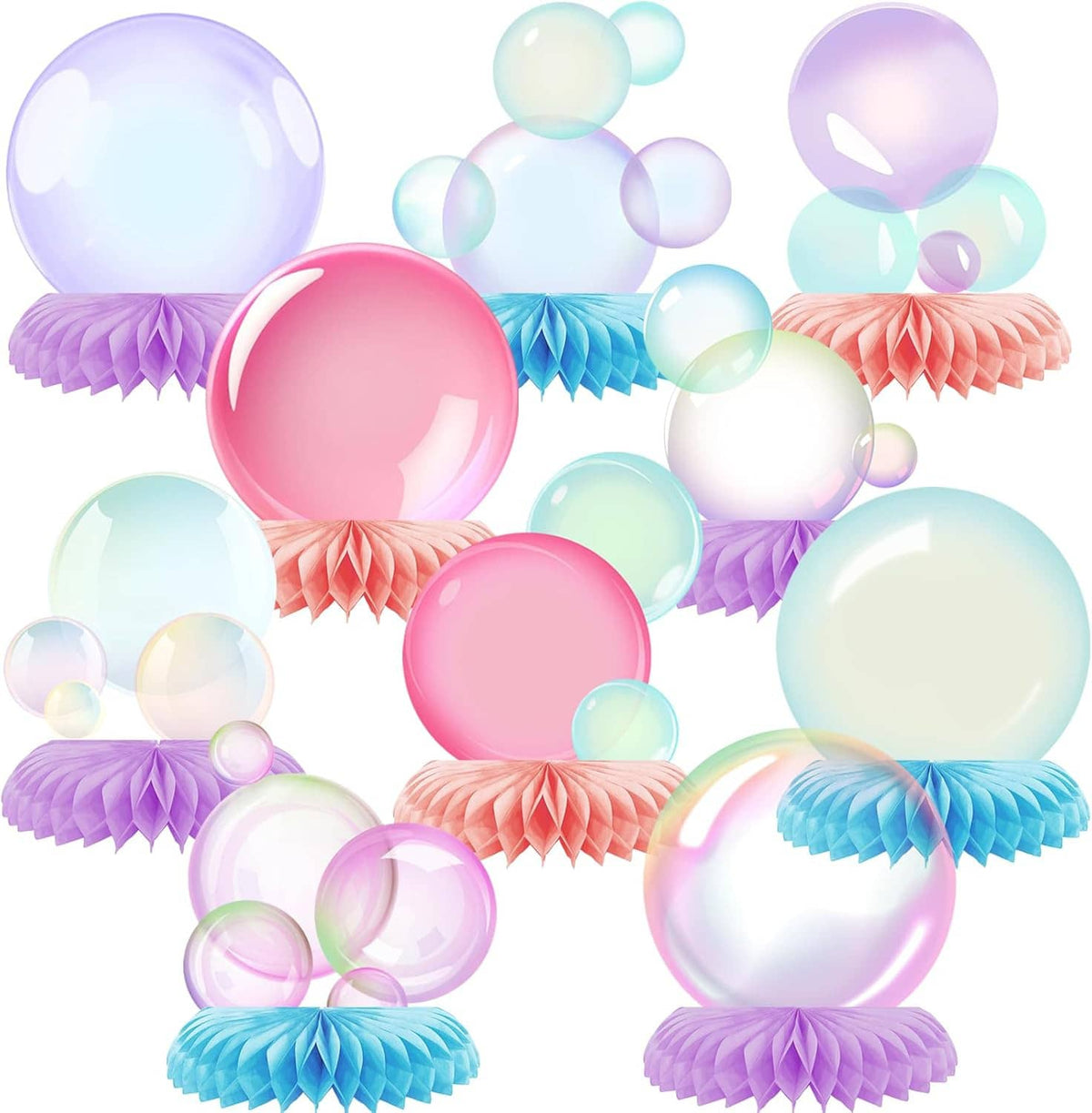 Bubble honeycomb centerpiece set, glossy pastel bubble balloons with purple and coral honeycomb